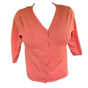 VTG Y2K Women's Preppy Pinup Coral Cardigan 3/4 Sleeves V Neck Sweater Medium